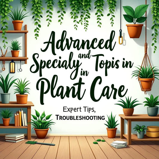 A close-up of a healthy, vibrant houseplant surrounded by gardening tools and a care guide, symbolizing advanced plant care and expert troubleshooting