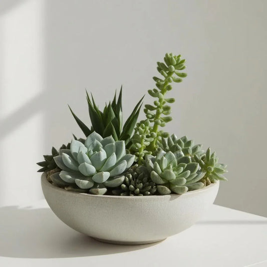 Indoor succulent arrangement featuring echeveria and jade in a shallow ceramic bowl, styled for modern home décor in Manhattan.