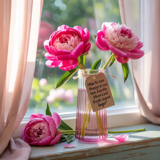 Fresh peonies arranged in a glass vase showing lush petals and tips on how to keep blooms vibrant and long-lasting indoors.