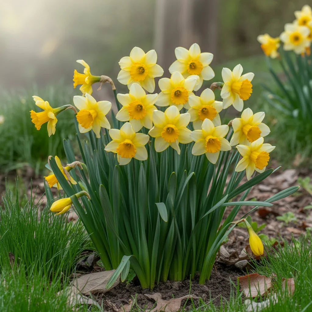 Bright yellow daffodil flowers blooming in spring garden after planting daffodil bulbs in well-draining soil with proper care.
