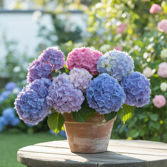 Fresh hydrangeas in full bloom during peak season, showcasing vibrant colors and lush petals for gardens and floral arrangements.