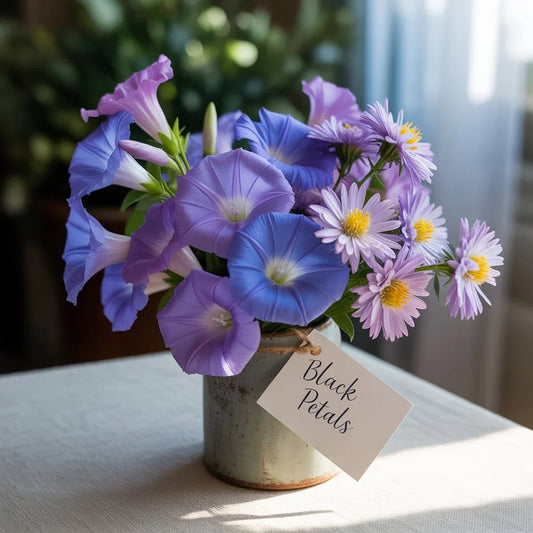 Bouquet of Morning Glories and Asters, September birth flowers symbolizing renewal, wisdom, and devotion, arranged by Black Petals.