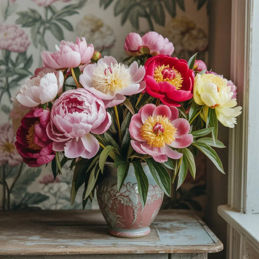 Romantic pink and white peony bouquet symbolizing love, honor, and prosperity, perfect for weddings and anniversaries in NYC.