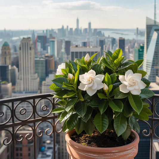 Freshly pruned gardenia plant on a NYC balcony with white blooms