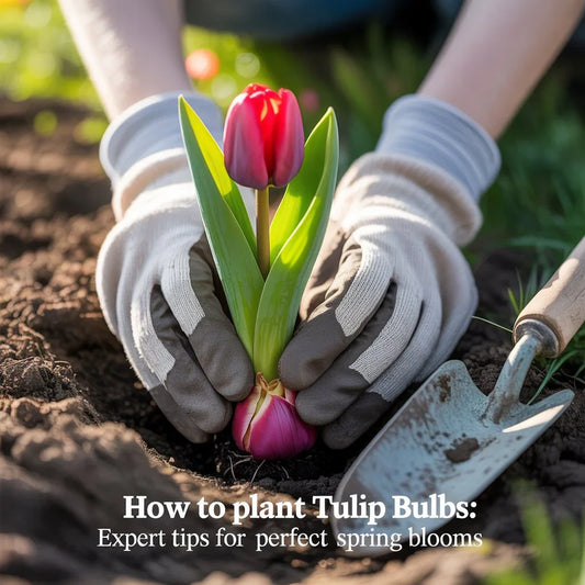 Close-up of gardener planting tulip bulbs in rich soil, showing correct depth and spacing for vibrant spring blooms.