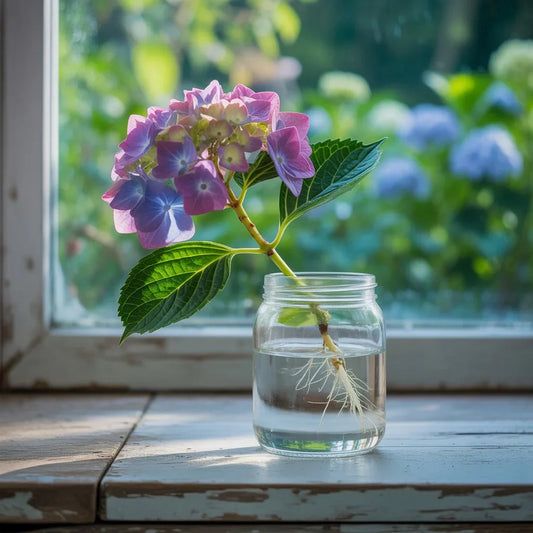 Hydrangea cutting in glass water jar showing new root growth, symbolizing plant propagation and garden renewal.