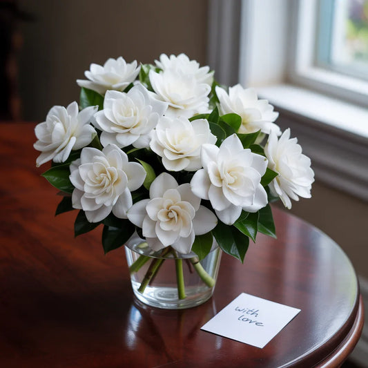 Fresh white gardenia blooms in a Manhattan florist bouquet, captured at peak season for fragrance and beauty.