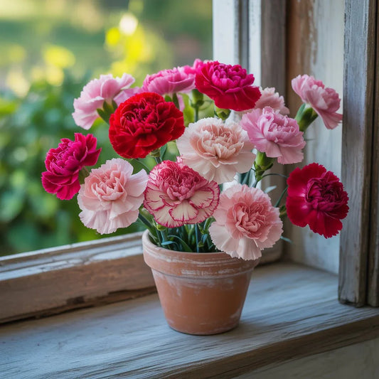 Healthy carnations growing in sunlight, showing vibrant petals and strong stems in a well-cared-for garden setting.