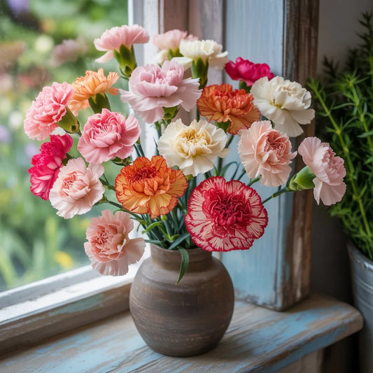 Colorful carnations in red, pink, and white arranged for bouquets, leis, and DIY crafts — perfect for weddings and creative décor.