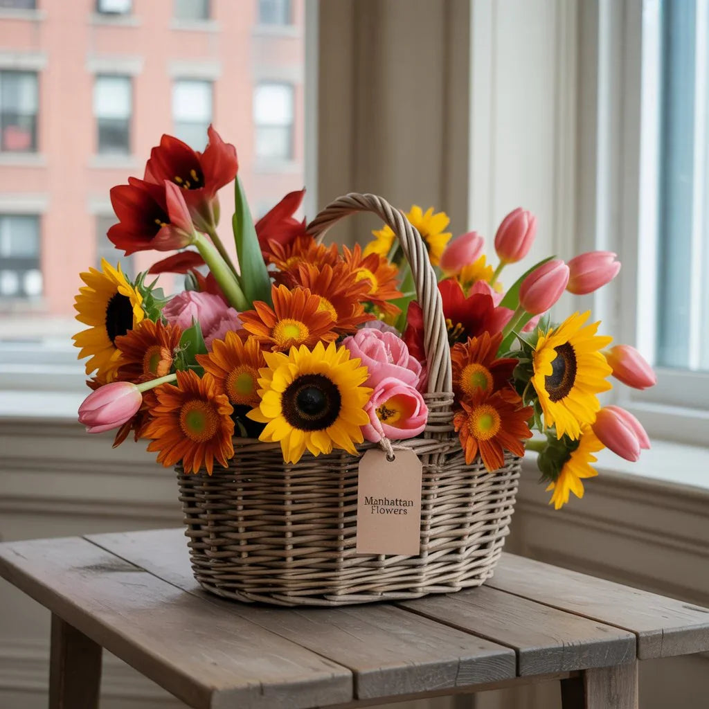 Fresh seasonal flowers in Manhattan bouquets with tulips, sunflowers, chrysanthemums, and amaryllis arranged beautifully.