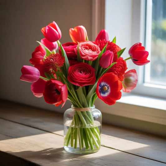 Beautiful red flowers including roses and tulips in full bloom, showcasing vibrant petals perfect for bouquets and gardens.