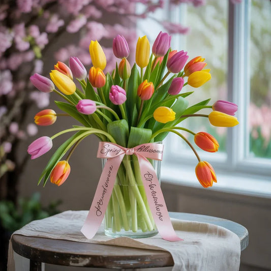 Elegant tulip bouquet featuring red, pink, and white blooms perfect for weddings, anniversaries, and spring gifts from Black Petals.