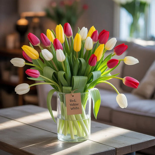 Tulips and roses bouquet side by side, symbolizing love and romance in modern and traditional gifting.