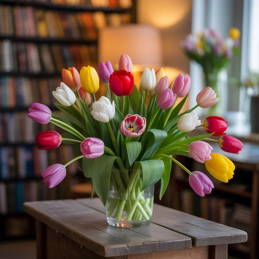Close-up of vibrant tulip colors — red, pink, yellow, purple, and white — symbolizing love, joy, and renewal in spring bouquets.