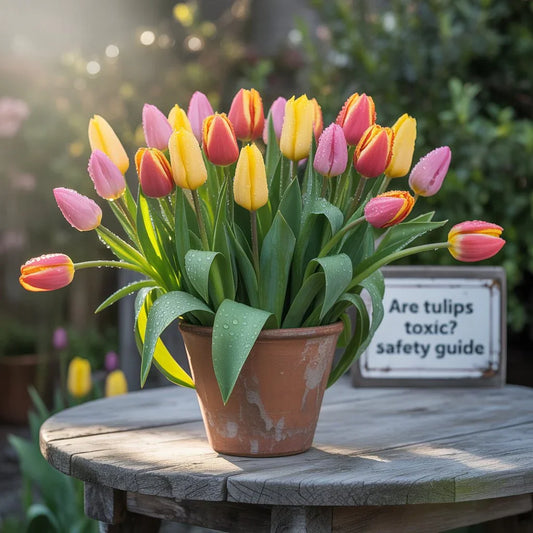 Bright tulips in a vase with safety tips for keeping cats, dogs, and children safe from tulip toxicity.