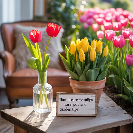 Fresh tulips in a vase and pot, showing proper care techniques to keep blooms upright, vibrant, and lasting longer indoors or outdoors.