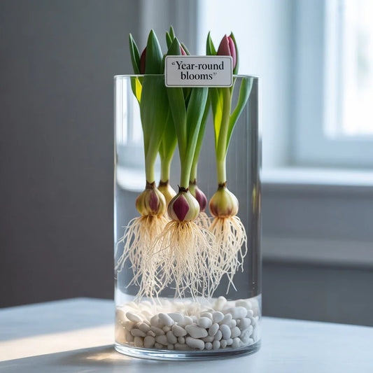 Indoor tulip bulbs growing in glass vase with roots visible, showing soil-free method for vibrant year-round blooms.