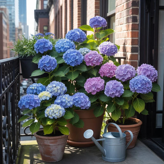 Potted hydrangeas on a shaded NYC balcony showing ideal sunlight conditions for healthy urban garden blooms.