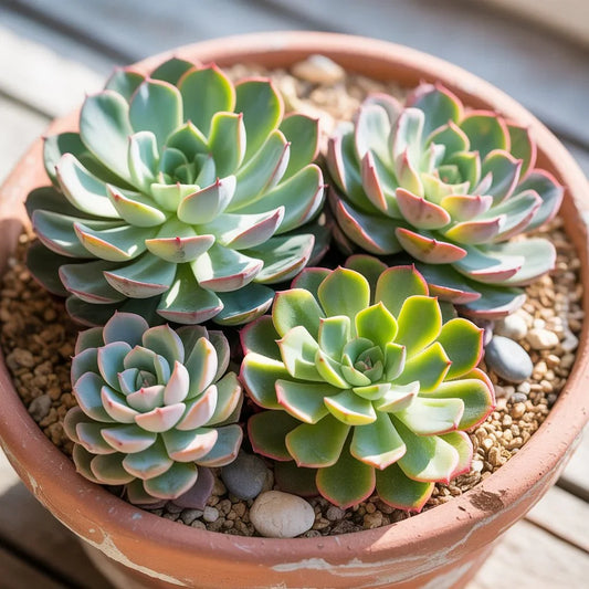 Close-up of healthy succulents in sunlight, showing plump leaves and vibrant colors in well-drained soil for home or garden care.