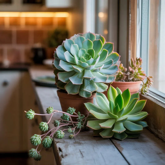 Colorful succulent varieties, including echeveria and aloe, displayed in sunlight with vibrant textures and shapes for home décor.