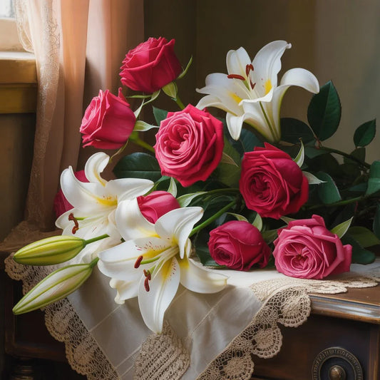 Romantic wedding anniversary bouquet with symbolic flowers for each milestone, from 1st year to 50th celebration