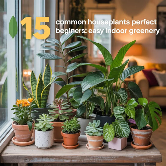 Collection of easy houseplants for beginners, including snake plant, pothos, and monstera, arranged in bright indoor space.