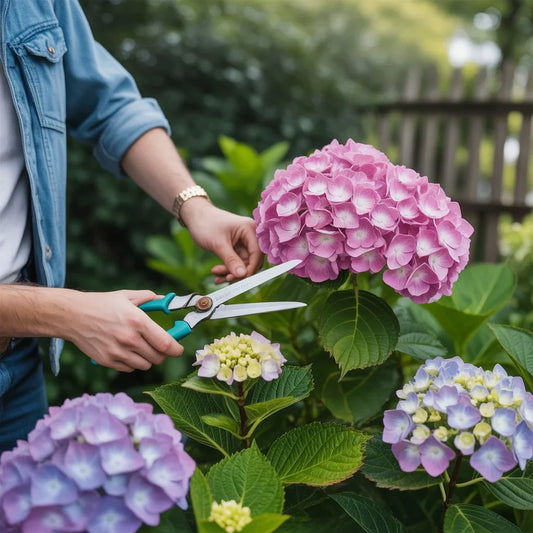 Gardener pruning hydrangeas in a sunny NYC backyard, showing proper seasonal technique for healthy, abundant blooming.