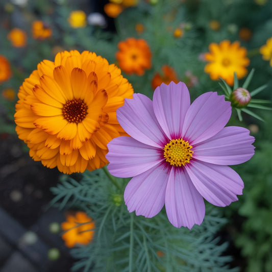 Marigold and cosmos, the two October birth flowers, symbolizing warmth, creativity, peace, and balance.