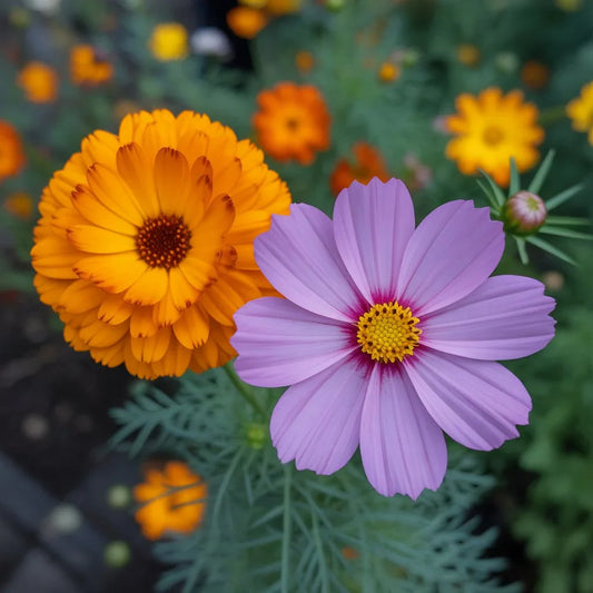 Marigold and cosmos, the two October birth flowers, symbolizing warmth, creativity, peace, and balance.