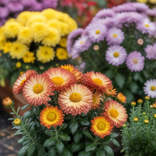 Vibrant fall flowers including chrysanthemums, asters, and sedum blooming with rich autumn colors in a seasonal garden