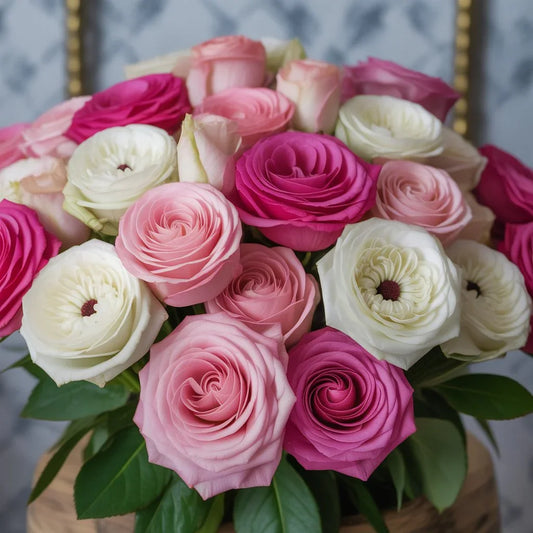 Elegant anniversary bouquet featuring red roses, pink lilies, and gold accents symbolizing love and devotion