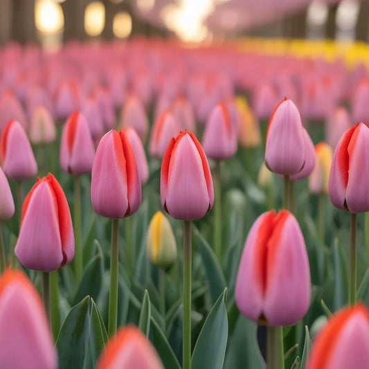 Tulip fields in full bloom during spring season, showcasing vibrant colors perfect for gardens, festivals, and floral arrangements.