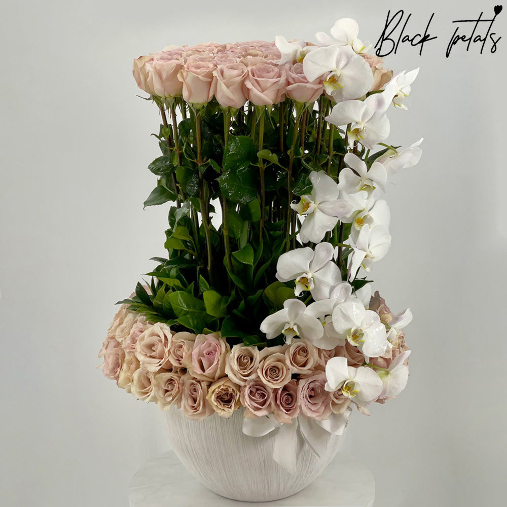 100 BP Beige Roses And Orchids In A Vase