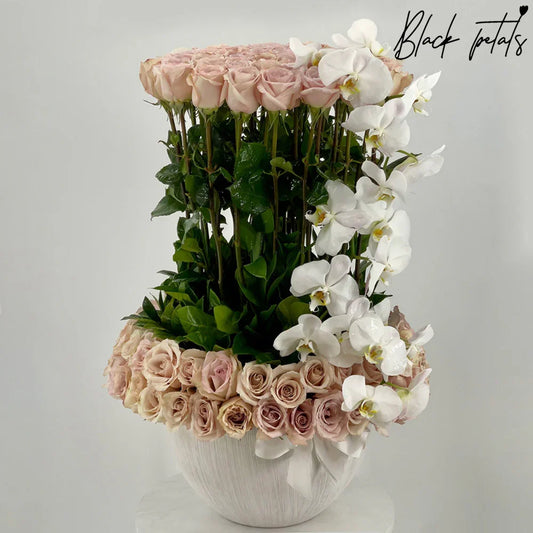 100 BP Beige Roses And Orchids In A Vase - Black Petals