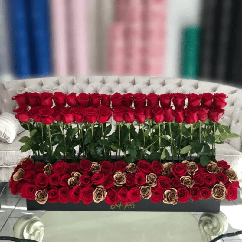 125 Signature Standing Red & Gold Roses In Rectangle Box - Black Petals