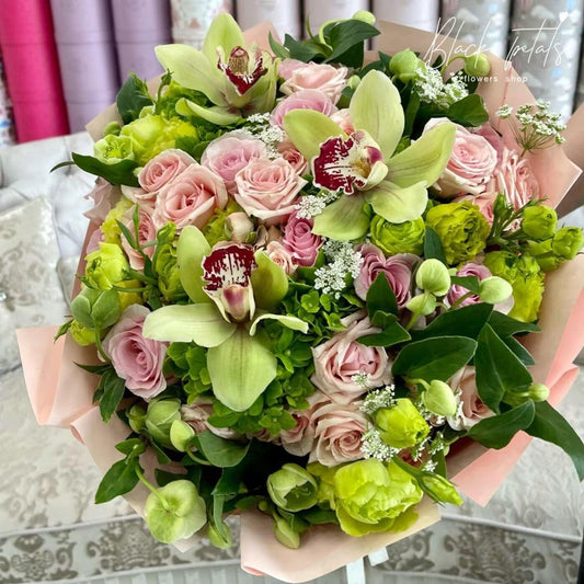 Whispering Elegance Light Pink and Mint Green Hand-Tied Bouquet - Black Petals