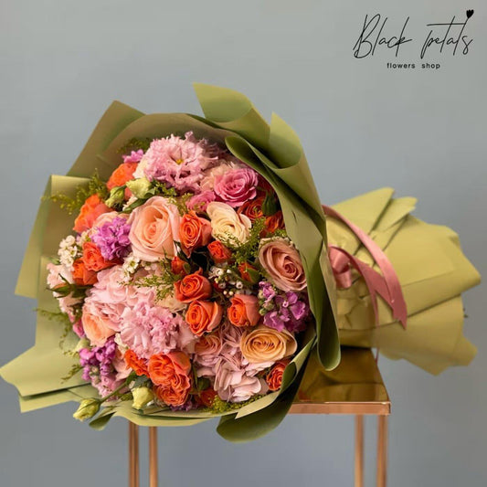 Vibrant Pink and Zesty Orange Hand-Tied Bouquet - Black Petals