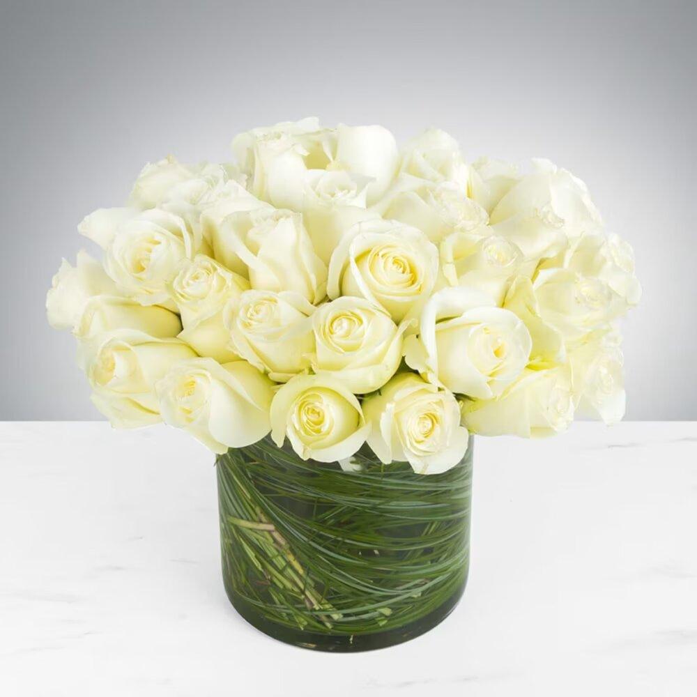Two Dozen White Roses by Black Patels