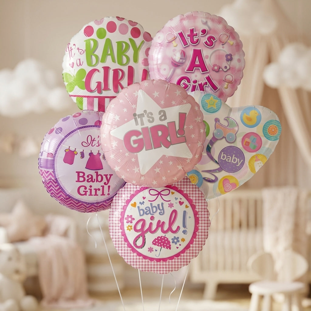 It's a Girl celebration balloon bouquet featuring six pink and pastel helium foil balloons, perfect for welcoming a newborn baby girl, hospital delivery, baby showers, gender reveal celebrations, and new baby gifts.