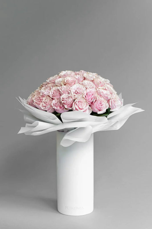 48 Preserved Pink Roses in a Signature Petalonia Vase and Tote - Black Petals