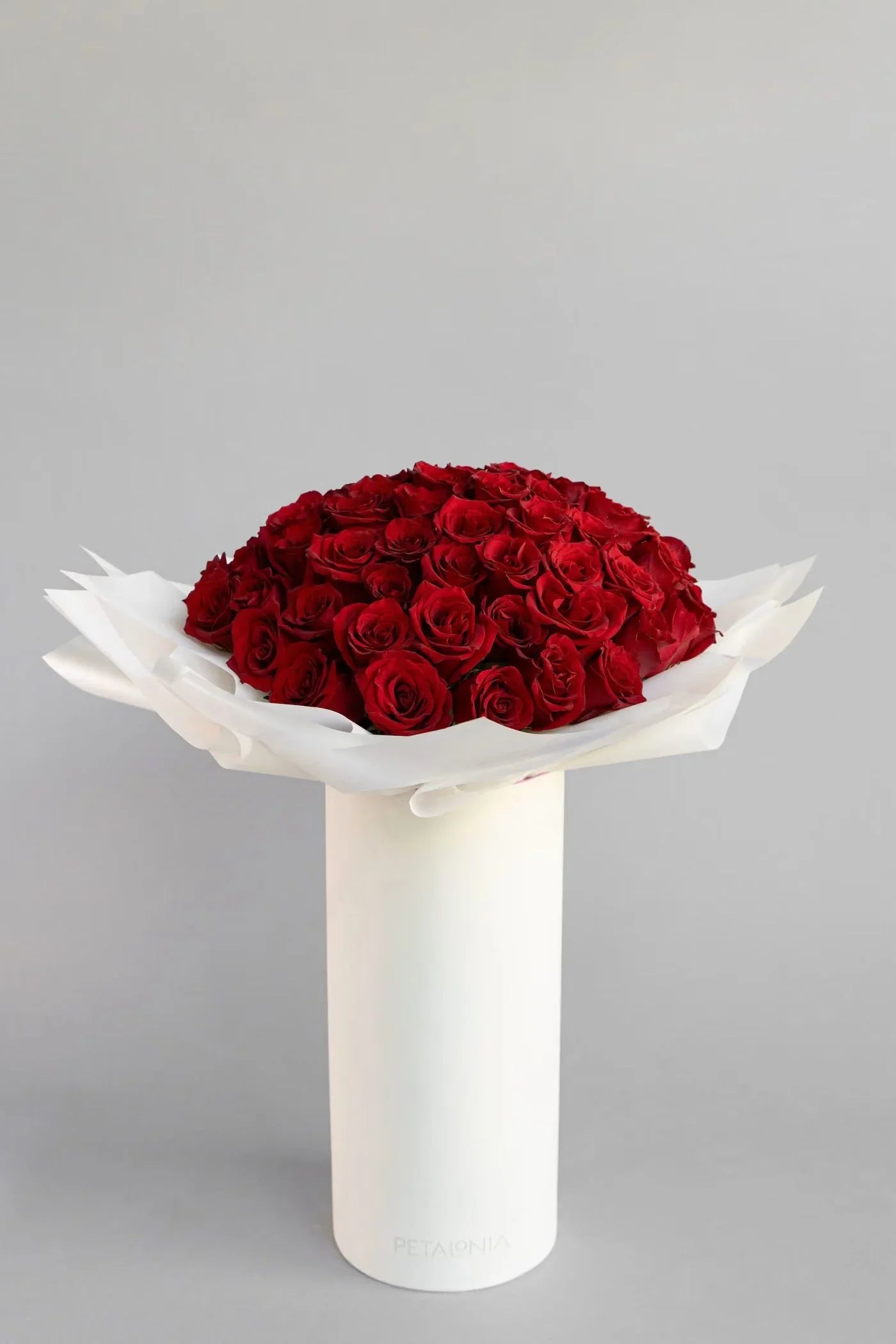 72 Preserved Red Roses in a Signature Petalonia Vase and Tote - Black Petals