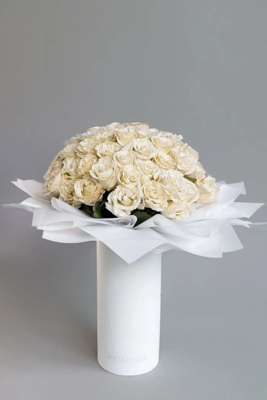 72 Preserved White Roses in a Signature Petalonia Vase and Tote - Black Petals