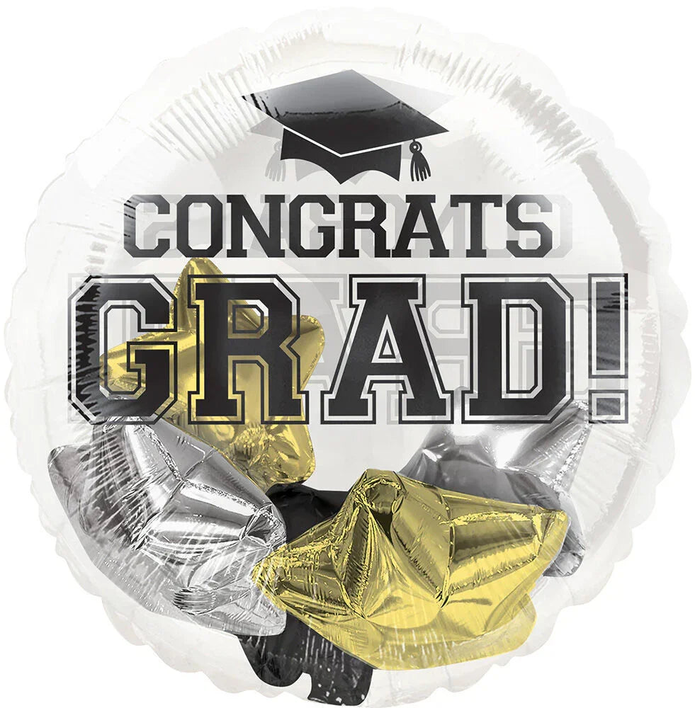 Congrats Grad Black, Silver, Gold Stars Insiders 20" Balloon - Black Petals