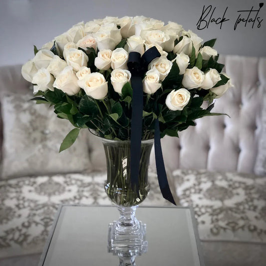75 BP White Roses In A Glass Vase - Black Petals