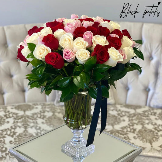 75 BP Multicolor Roses In A Glass Vase - Black Petals
