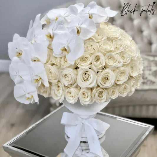 All White 100 Roses And Orchids - Black Petals