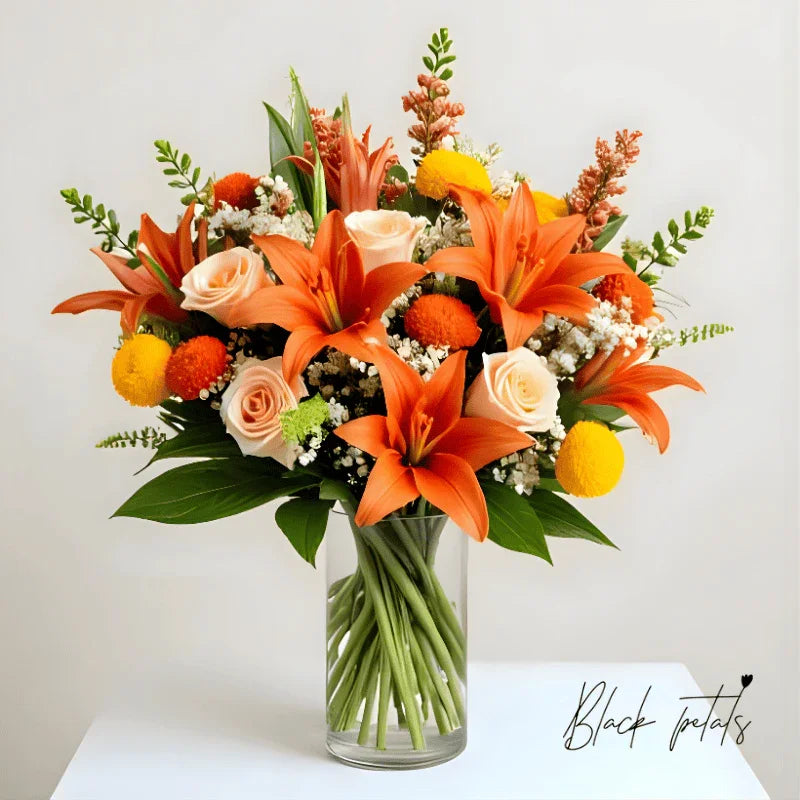 Golden Harvest Radiance bouquet with orange lilies and roses NYC