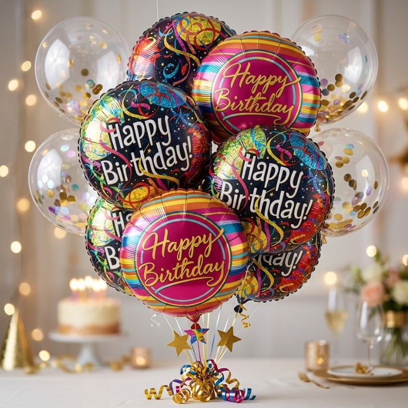 Colorful Happy Birthday balloons with festive swirls and stripes against white background