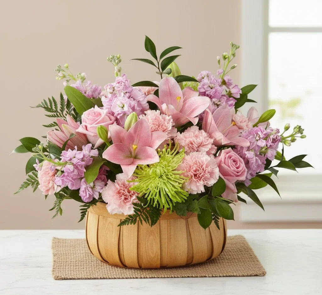 Pink lily, rose, carnation, and green spider mum floral arrangement in wooden basket on beige mat