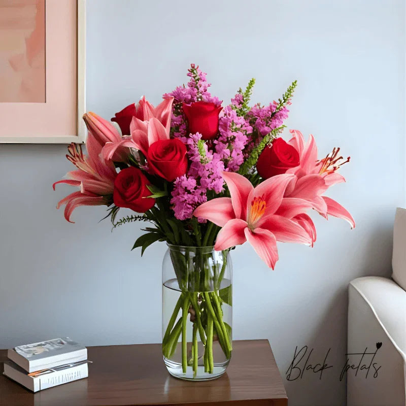 Crimson Bloom Symphony bouquet with red roses and pink lilies NYC